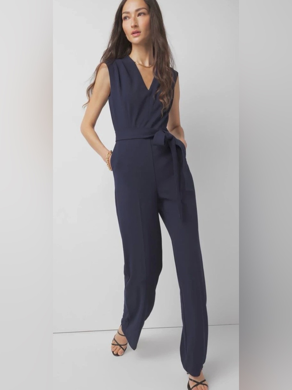 White House Black Market Navy Sleeveless V-Neck Jumpsuit with Tie Waist size 0